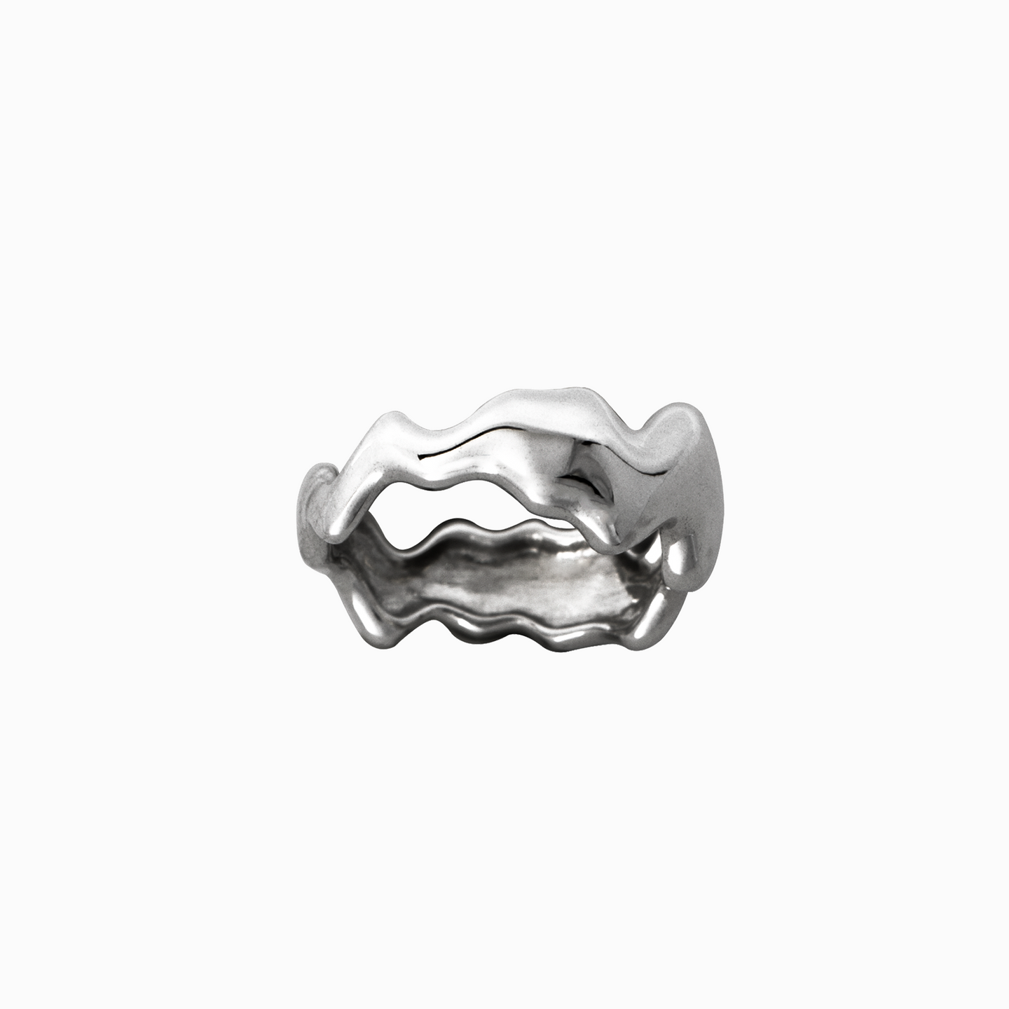 Silver ring with wavy design on a white background